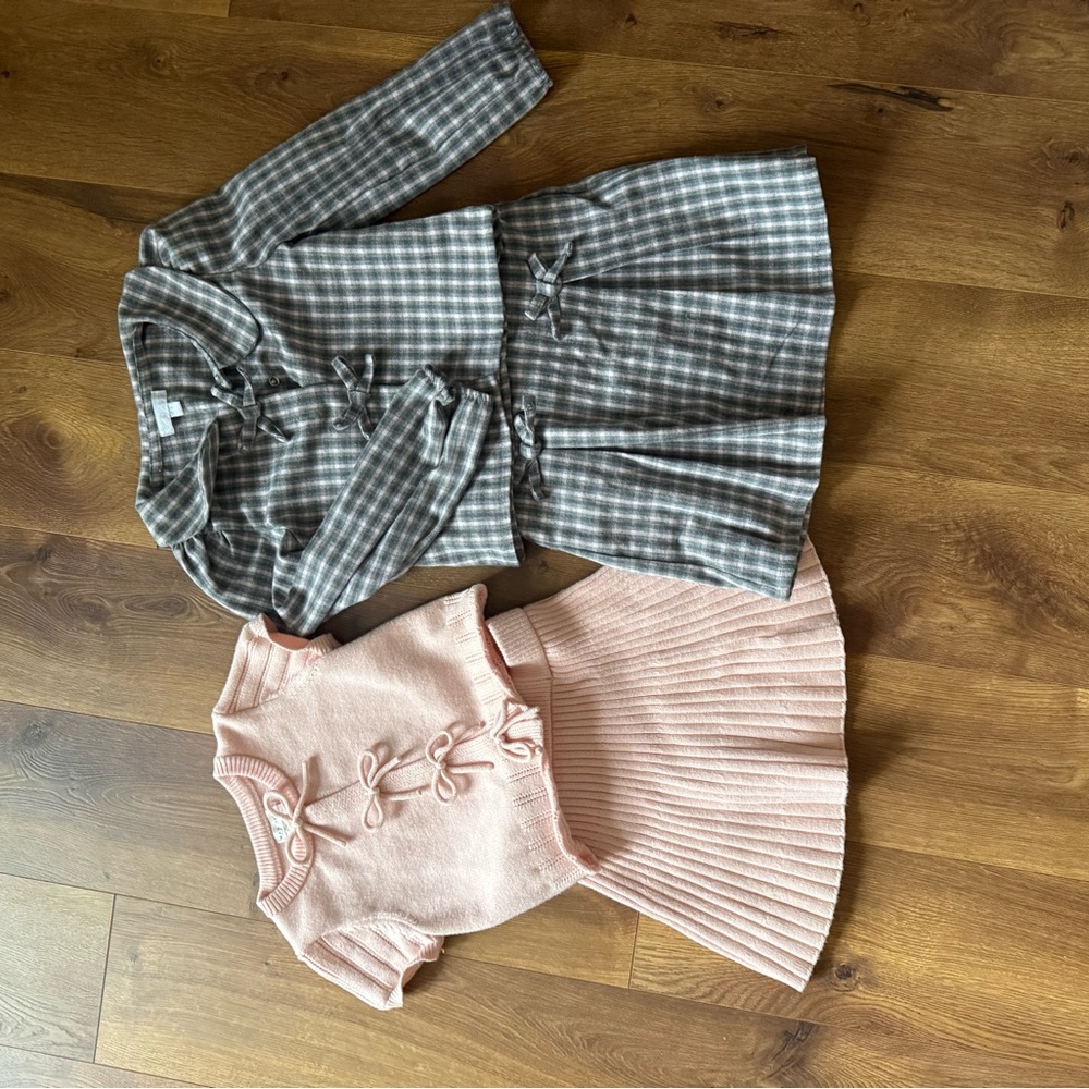 Max Studio Girls Pink Knit Set & Gray Plaid Dress Matching Outfits